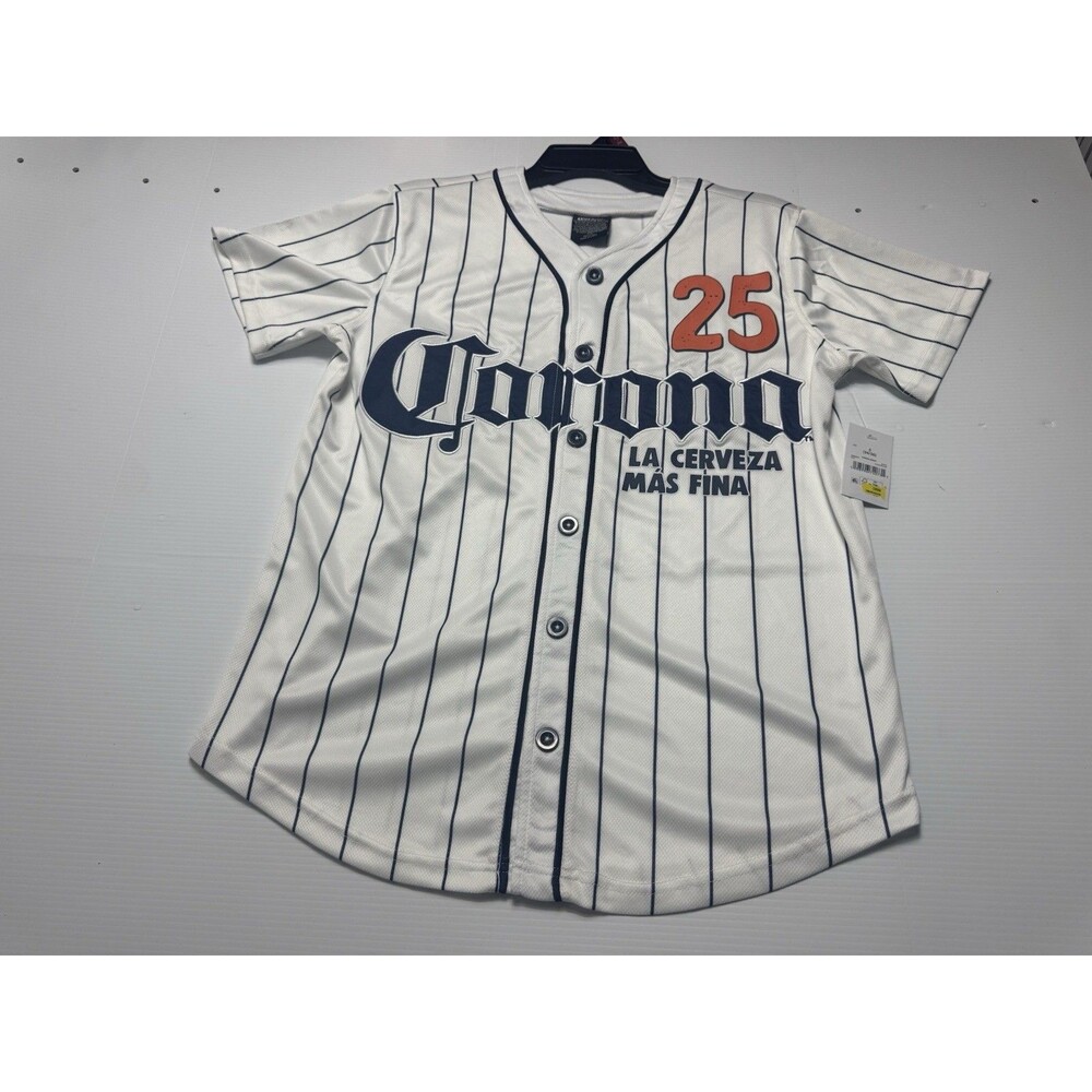 Corona Extra Beer Baseball Jersey White Pinstripe #25 Button Front Men’s S NWT